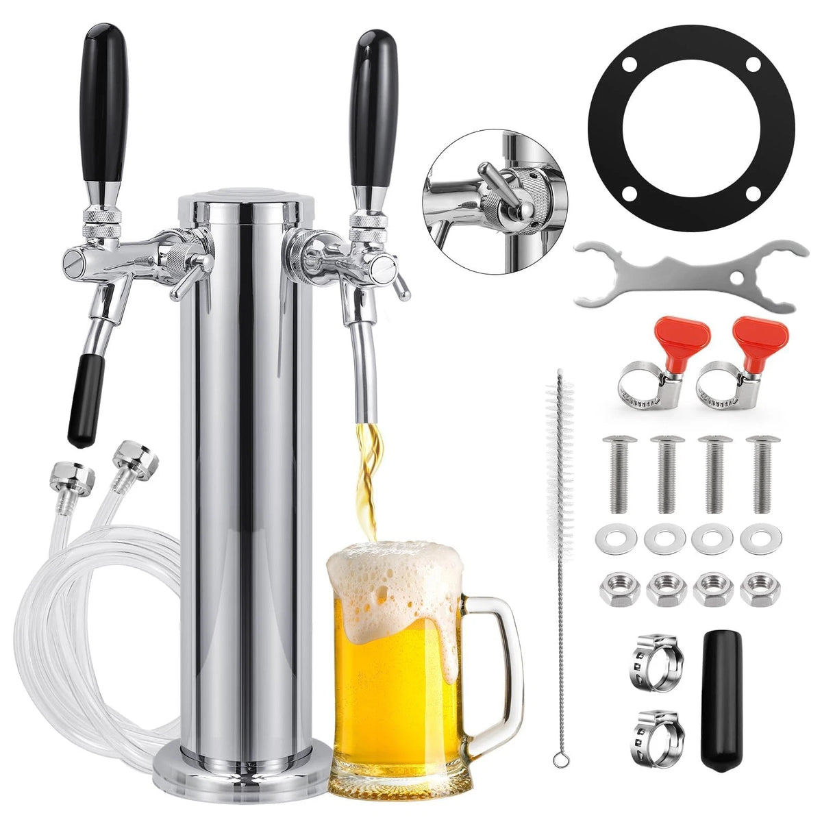 Adjustable Dual Tap Kegerator Tower Draft Beer 3 beer tap tower, Silver