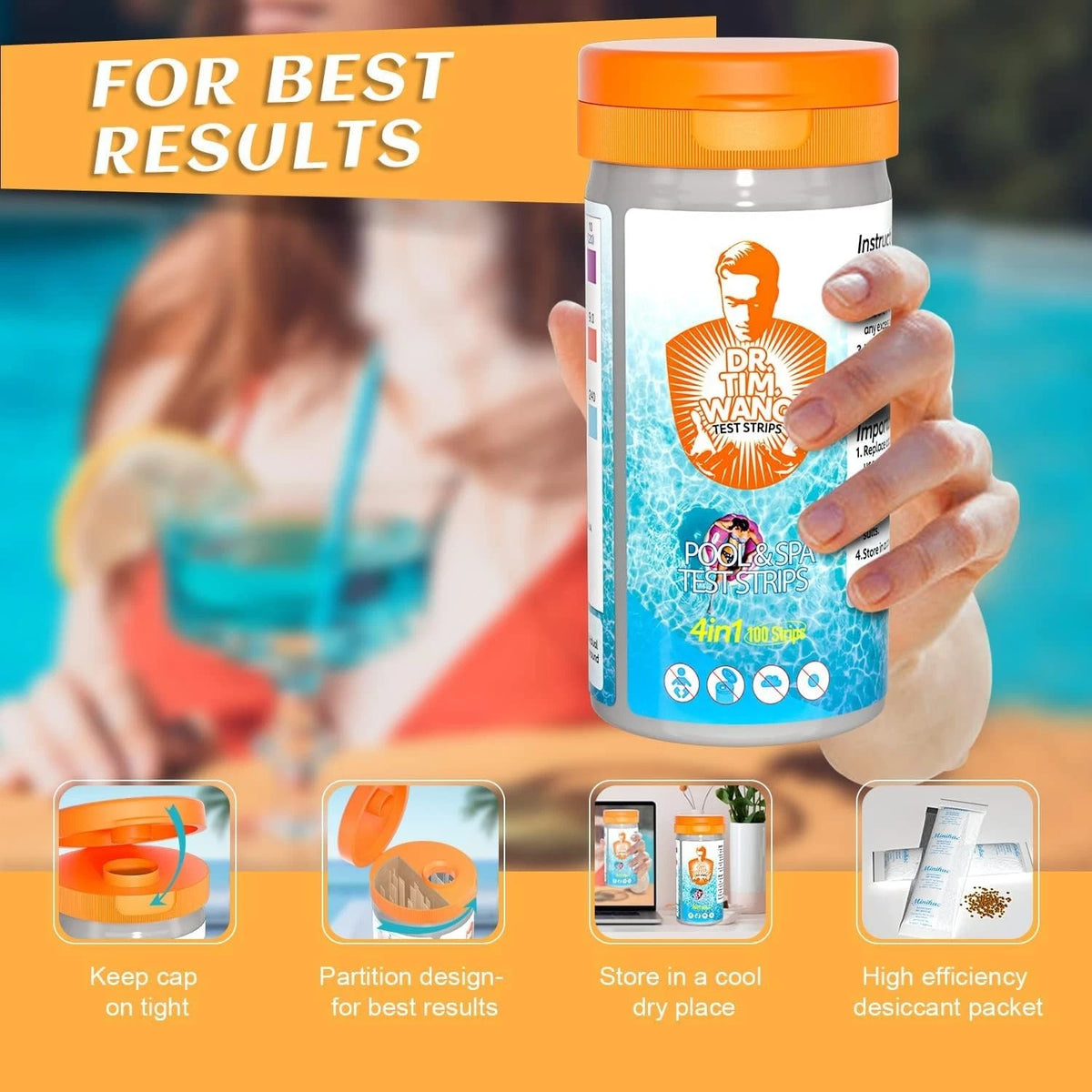 Dr.Tim.Wang Pool and Hot Tub 4 IN 1 Test Strips, 4 1 Strips