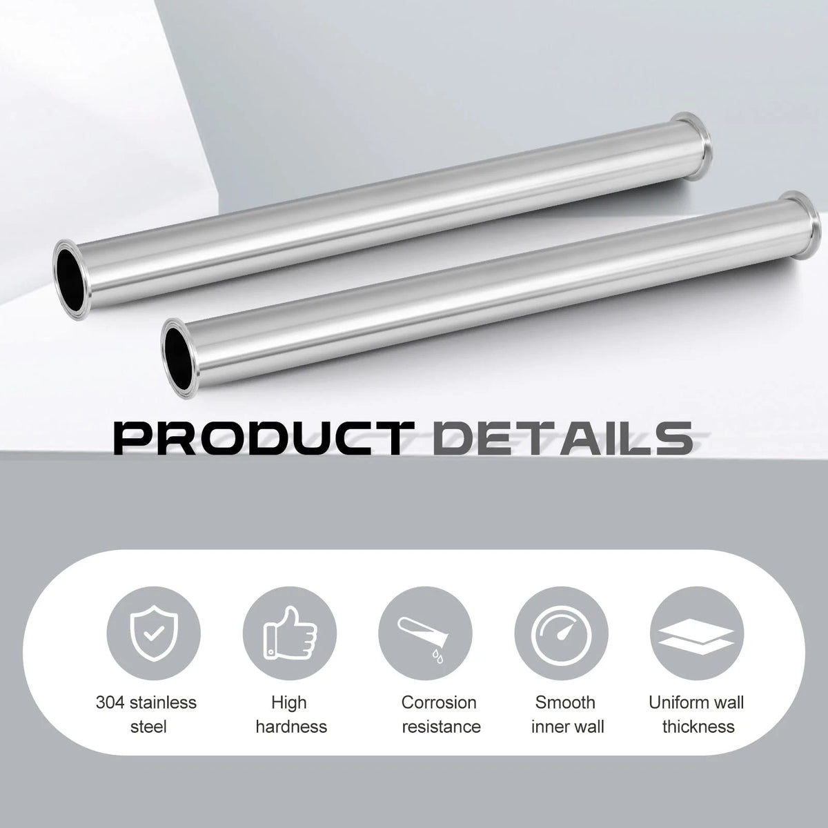 Otoolling 2 Pcs 24" Sanitary Spool Tube with Clamp Ends Stainless Silver