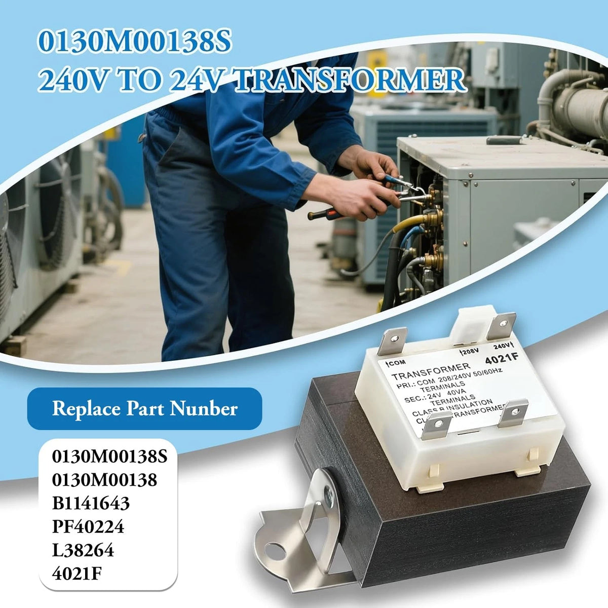 240V to 24V Transformer 0130M00138S for Goodman Amana 40VA Furnace, 208/240...
