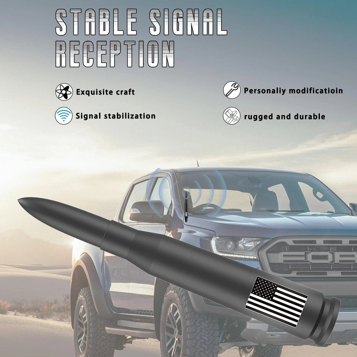 American Flag Car Truck Antenna with Valve Stem Caps, 5.5 inch, Black