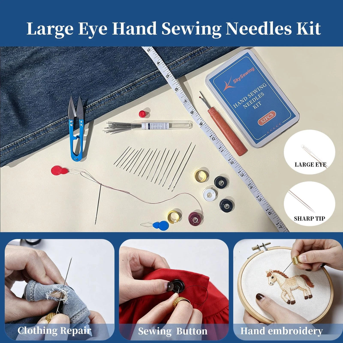 Skysewing 52PCS Large Eye Hand Sewing Needles Kit with 1set-52pcs, silver