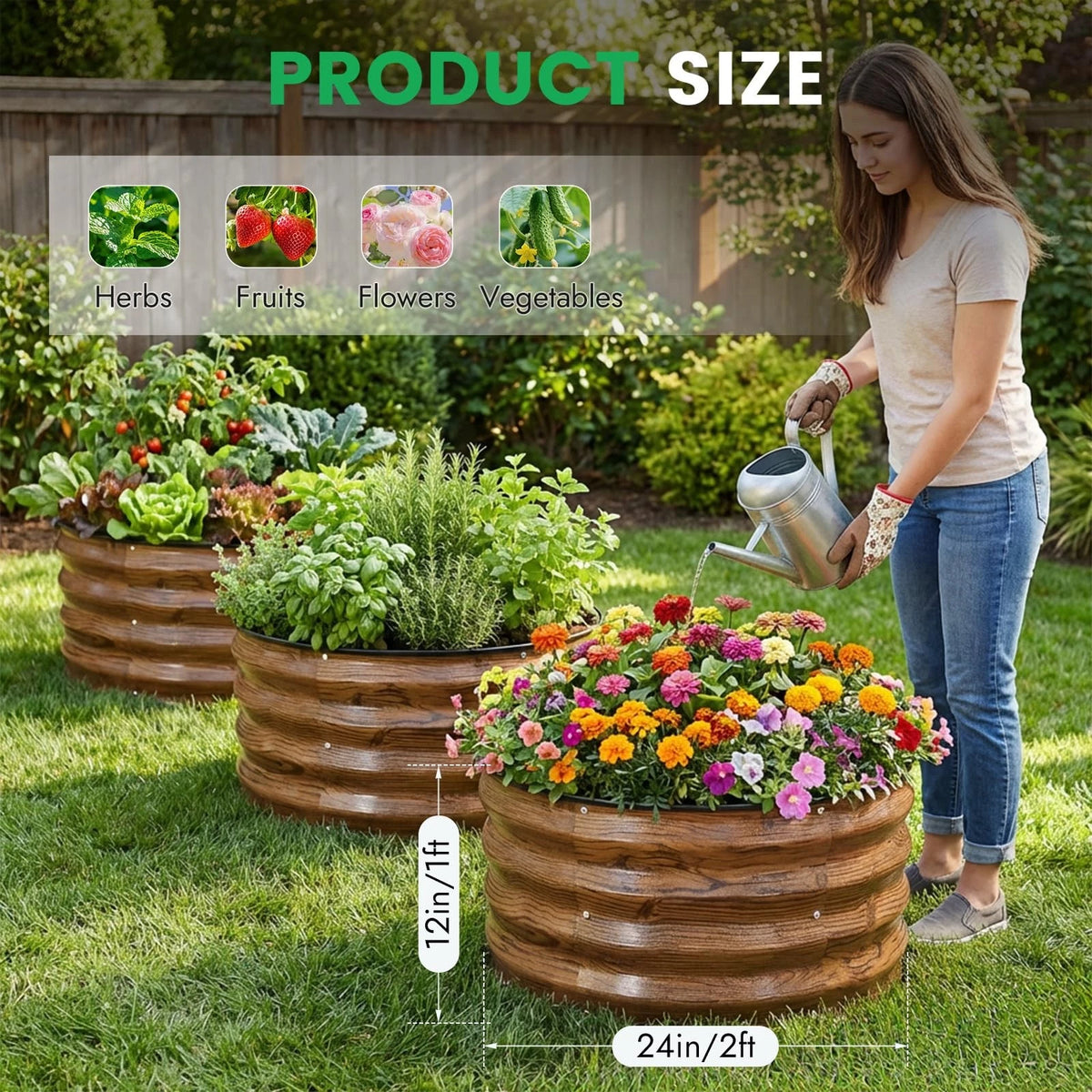 INNO STAGE 3 Pcs Round Galvanized Raised Garden Bed — 2x2x1ft(3 Pcs), Grain