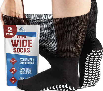 2 Pairs Extra Wide Socks For Swollen Feet, Non-Slip Hospital and 11-13, Black