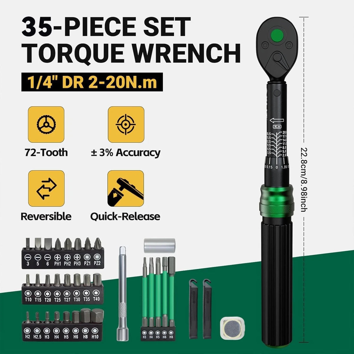XLIT 1/4" Bike Torque Wrench Set, 35 PCS 35PCS (2-20 Nm), Black/Silver/Green