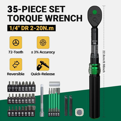 XLIT 1/4" Bike Torque Wrench Set, 35 PCS 35PCS (2-20 Nm), Black/Silver/Green