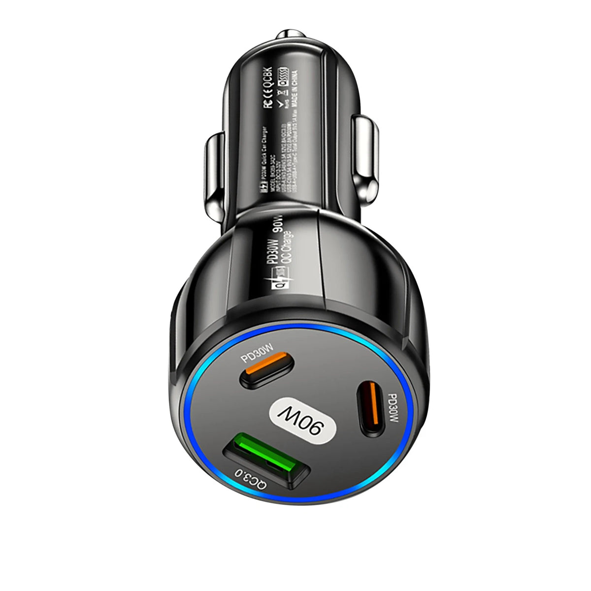 3 Port 90W Car Charger PD 30W QC3.0 Type C Cigarette Lighter USB Charger
