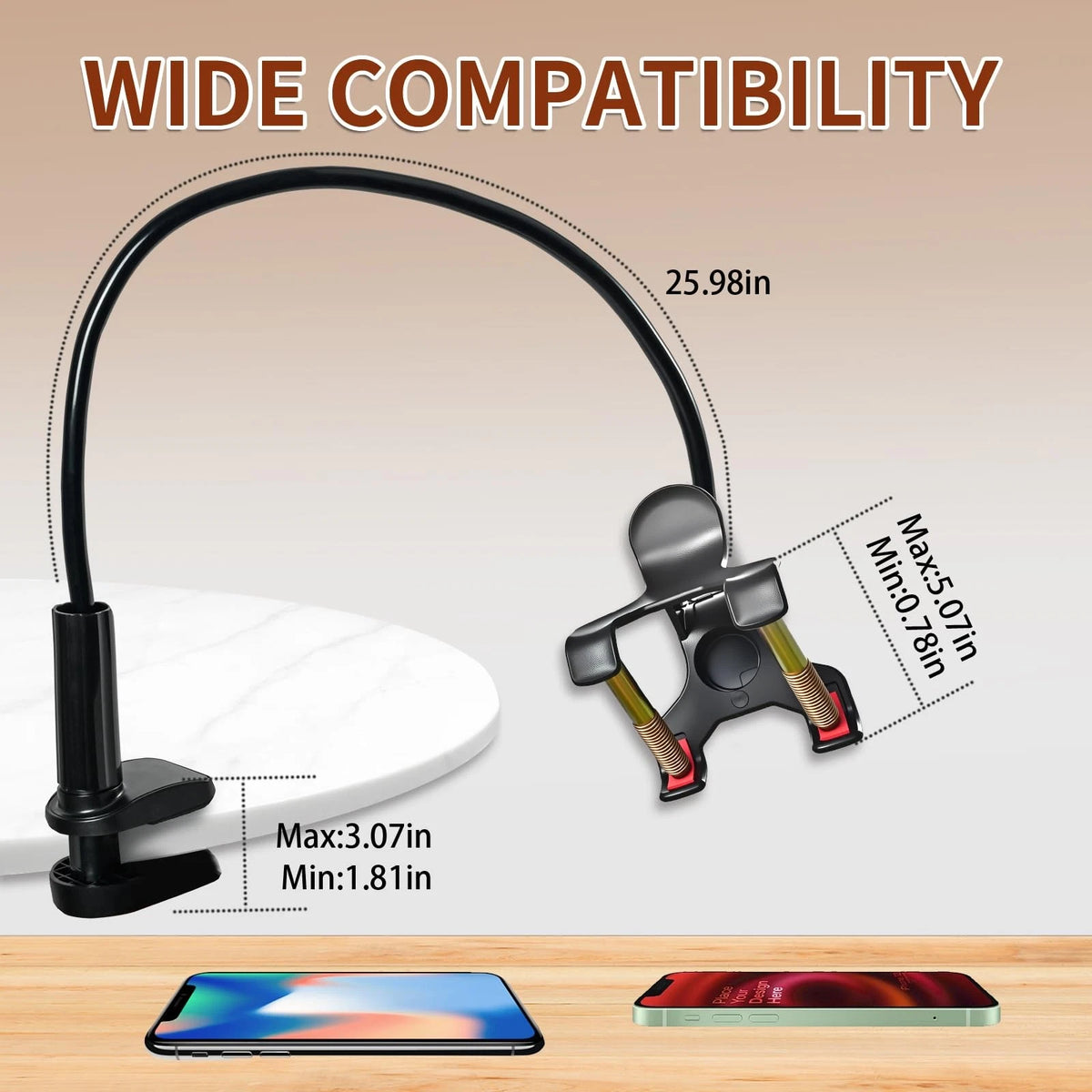Gooseneck Phone Holder for Bed - Cell Mount Clamp Clip, 360° Black