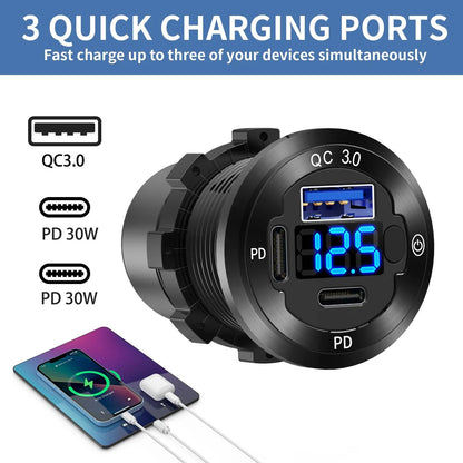12V USB Car Socket Round C Outlet, 3-Port Marine Fast pack of one