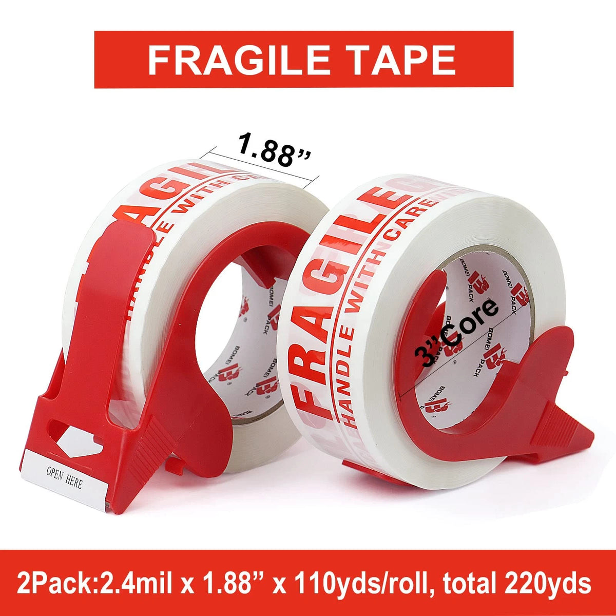 BOMEI PACK Fragile Tape 2 Inch x 330 Feet (110 Yards) 2 x 330 Feet, Red