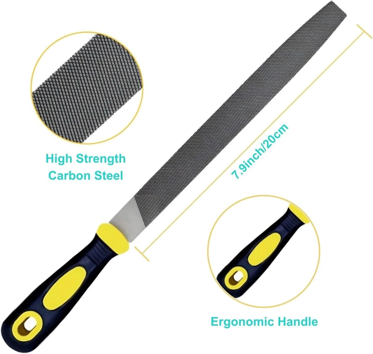 3 pcs Metal File Set, 8-inch,Professional High Carbon Steel 8 inch, Yellow