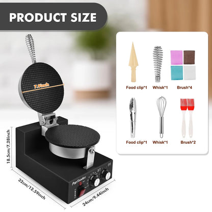 Popfoodex Commercial Waffle Cone Maker - 1200W Single Round, Black