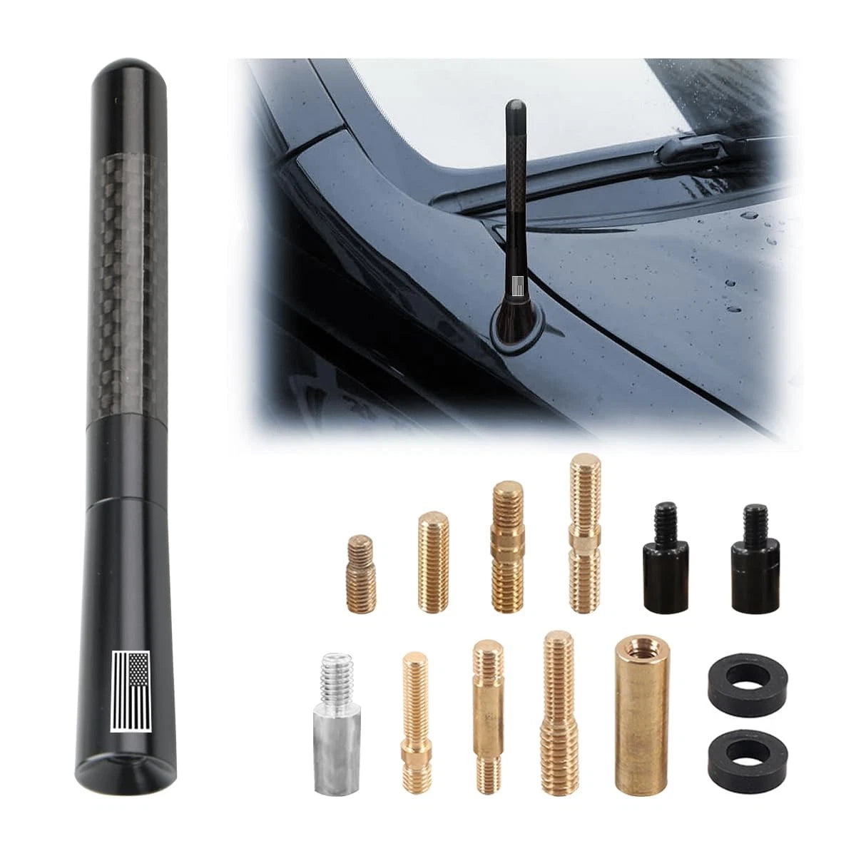 BESULEN Car Short Antenna, 4.7 Inch Carbon Fiber American Flag Black/4.7