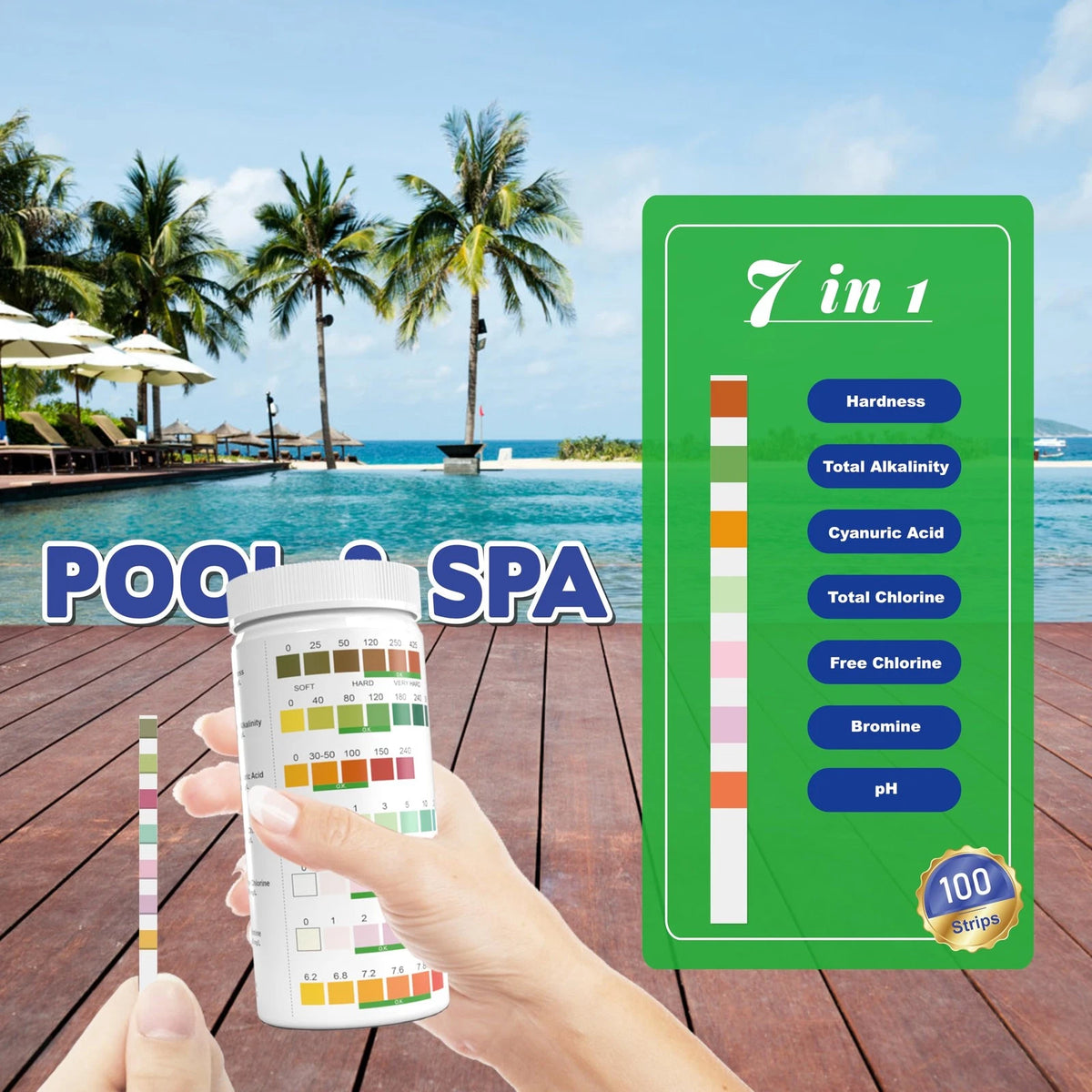 7-Way Pool Test Strips, 100 Strips Water Chemical Testing for Hot tub and...