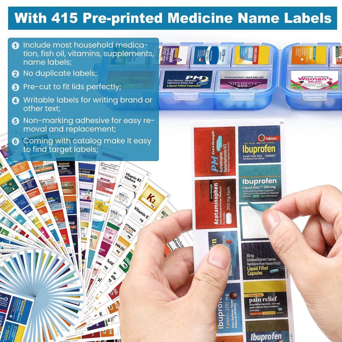 14 Grids Travel Pill Organizer Box with Bulk Med Labels, Clear-blue