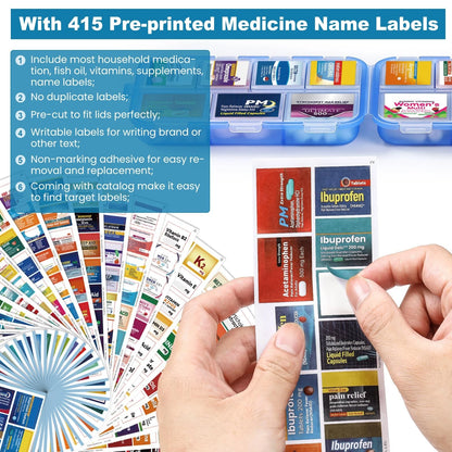 14 Grids Travel Pill Organizer Box with Bulk Med Labels, Clear-blue
