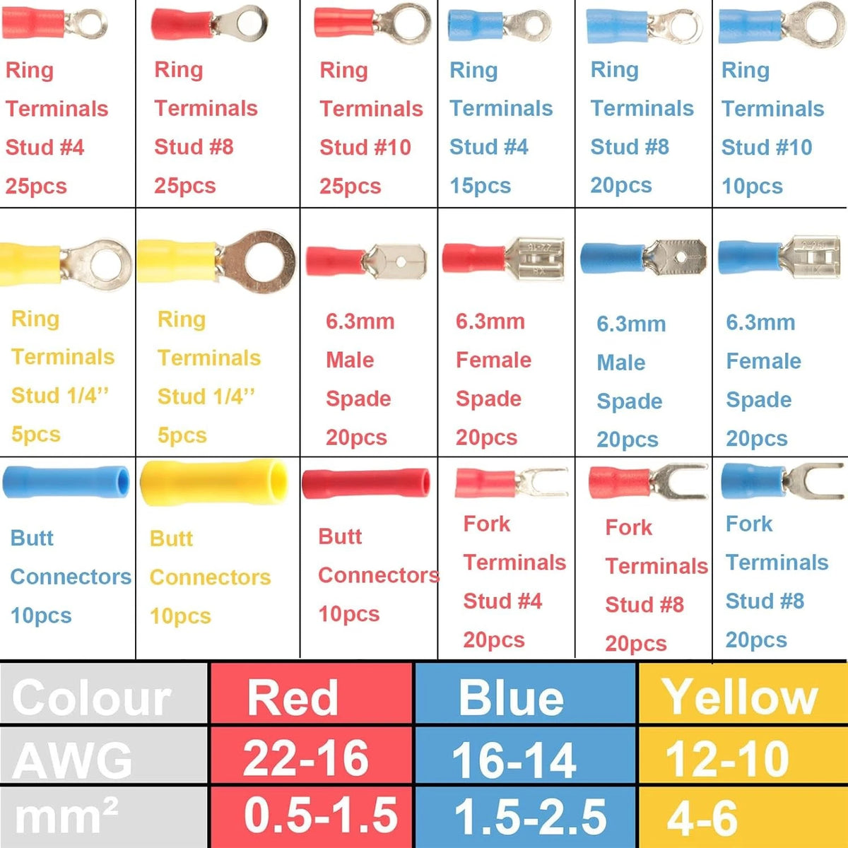 300pcs 18 Types Crimp Connectors, Ring Spade Fork 300pcs, Red, Blue, Yellow