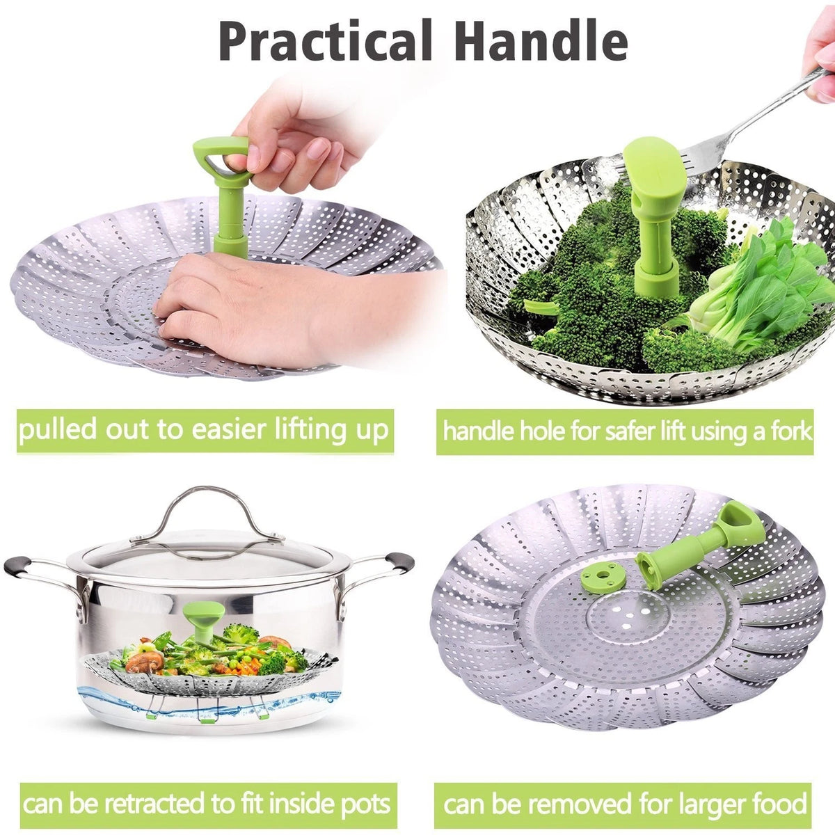 Consevisen Vegetable Steamer Basket for Cooking 5.1" to 9", Silver/Green