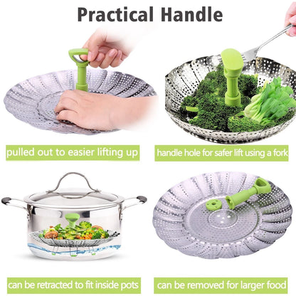 Consevisen Vegetable Steamer Basket for Cooking 5.1" to 9", Silver/Green