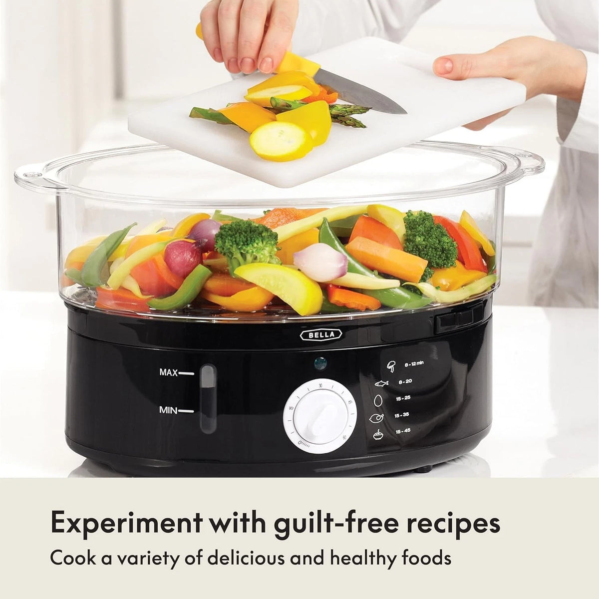 BELLA Two Tier Food Steamer with Stackable Baskets & Removable 7.4 QT, Black