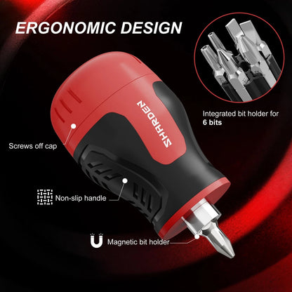SHARDEN 8 in 1 Stubby Multi Screwdriver with 6 CRV Bits Standard, Red