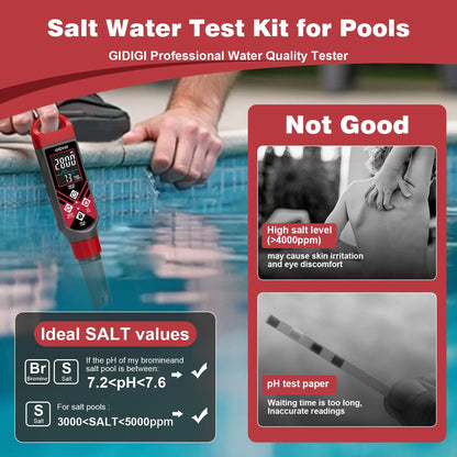 GIDIGI Digital Pool pH Meter Salt Tester 5 in 1 Pen, AAA Battery Black