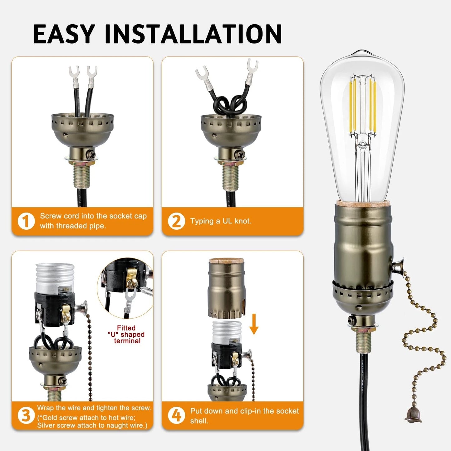 Lamp Repair Socket Kit,Pull chain ON/OFF switch for DIY Antique Brass