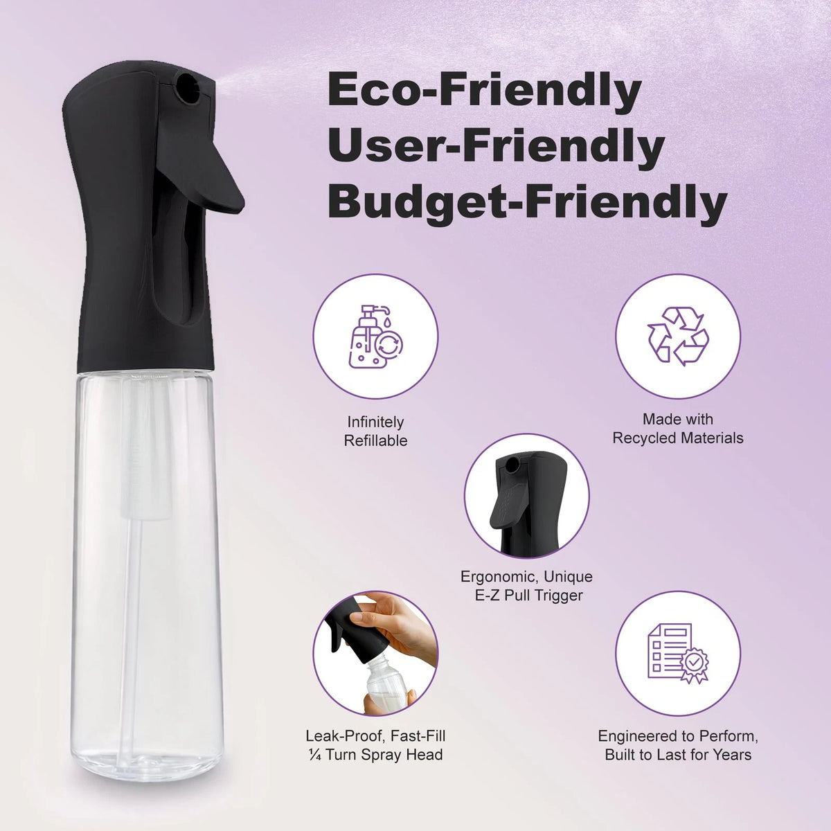 2 Pack Spray Bottles for Hair - Continuous Water Mister 10.1 oz, Ebony