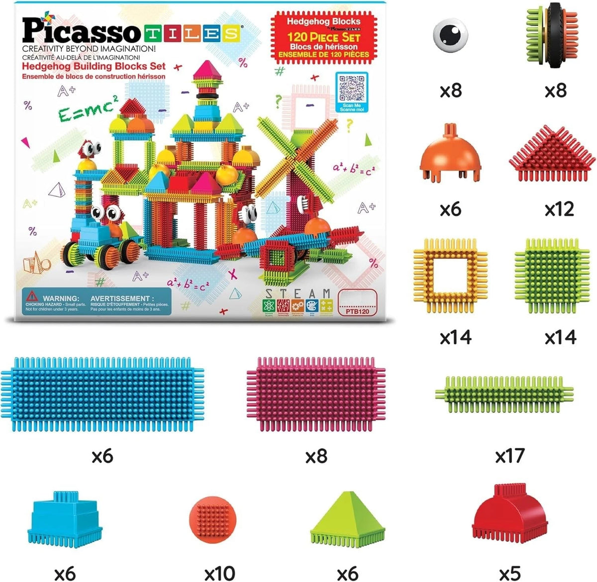 PicassoTiles 120pcs Hedgehog 11.75 x 14.13 x 3.38 inches, Multicolored