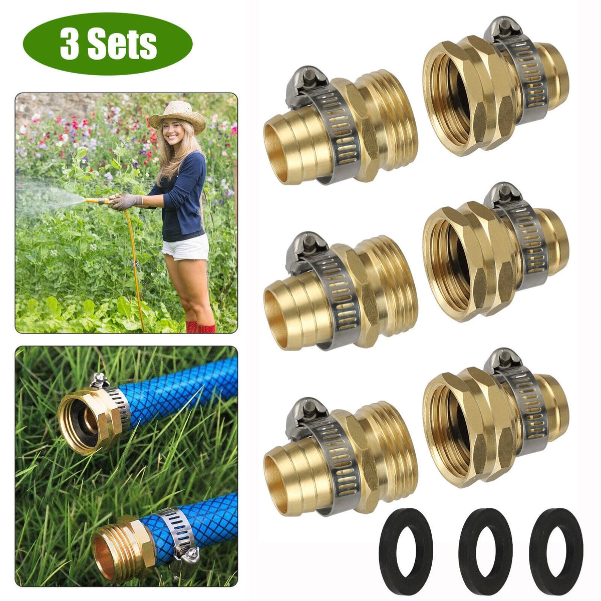 Garden Brass Mender End Repair Kit Hose 3/4" Male Female 3 Pack Quick Connector