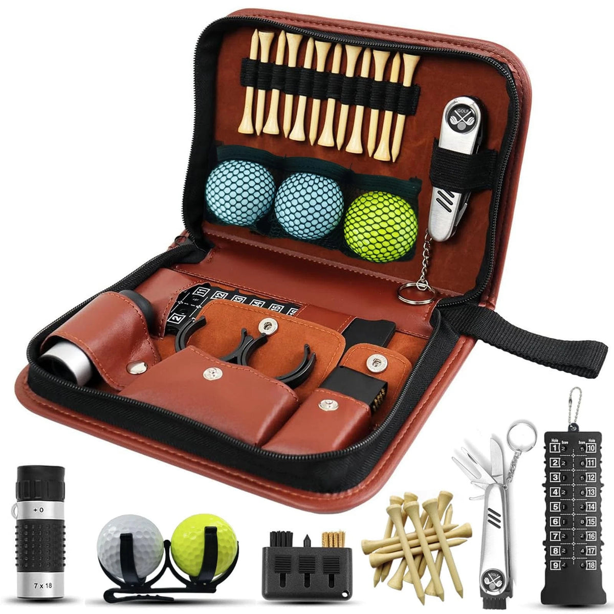 SirChic Golf Accessories Kit for Men, Useful Bag Gifts Set Brown