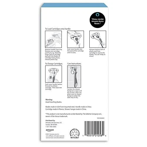 Amazon Basics 5-Blade Razor Handle for Women, 12 Count (Pack of 1), Blue