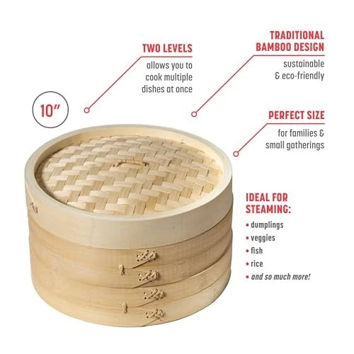 Joyce Chen 2-Tier Bamboo Steamer Baskets, 10-Inch 10 inch, Natural