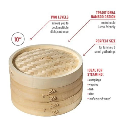 Joyce Chen 2-Tier Bamboo Steamer Baskets, 10-Inch 10 inch, Natural