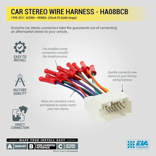 Scosche HA08BCB Aftermarket Radio Wiring Harness with Crimp Connectors for...