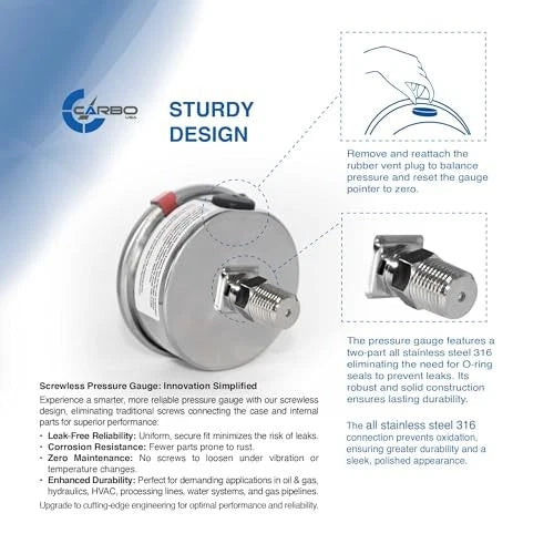 CARBO Instruments 2 1-2" Pressure Gauge, All Stainless Steel Wetted 2- 1/2"