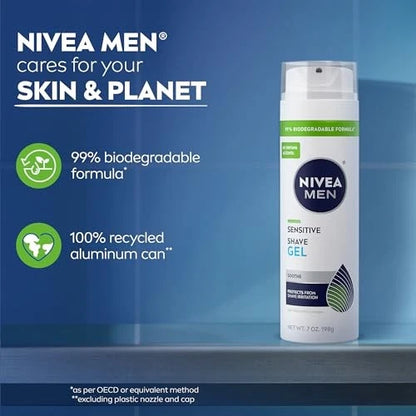 NIVEA MEN Sensitive Shave Gel, Shaving Gel for Men 7 Ounce (Pack of 3), WHITE